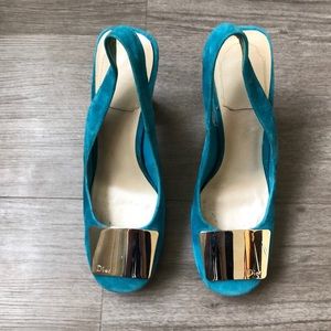 Christian Dior teal suede sling backs